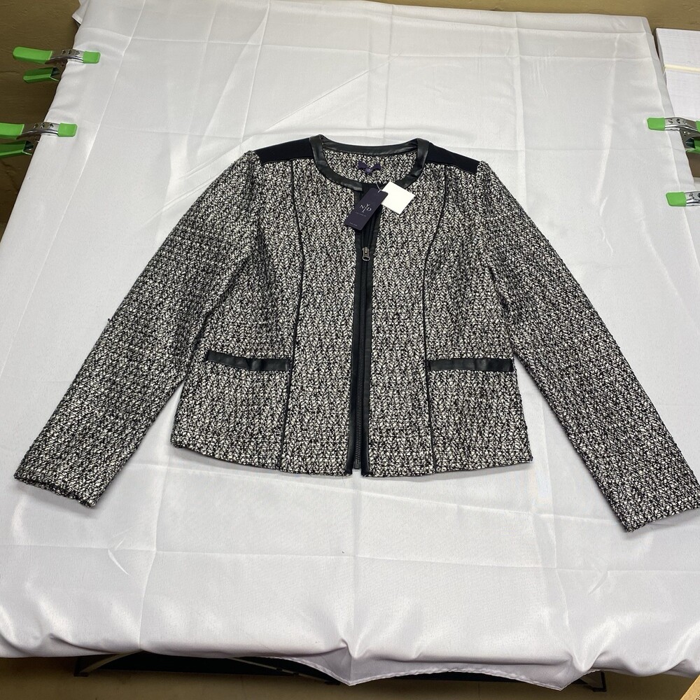 NYDJ Tweed Jacket Size 6 Black White Zip Faux Leather Trim! Brand New!